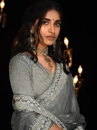 Fascinating Grey Embroidered Tissue Silk Designer Saree With Blouse